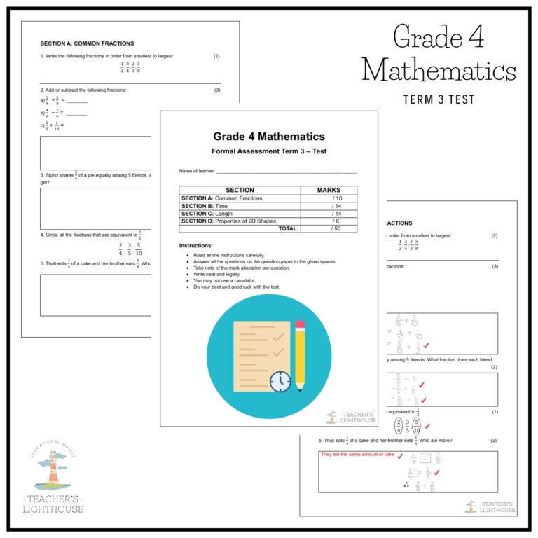 Grade 4 Mathematics Term 3 Assessment – Test (2025) – teacherslighthouse