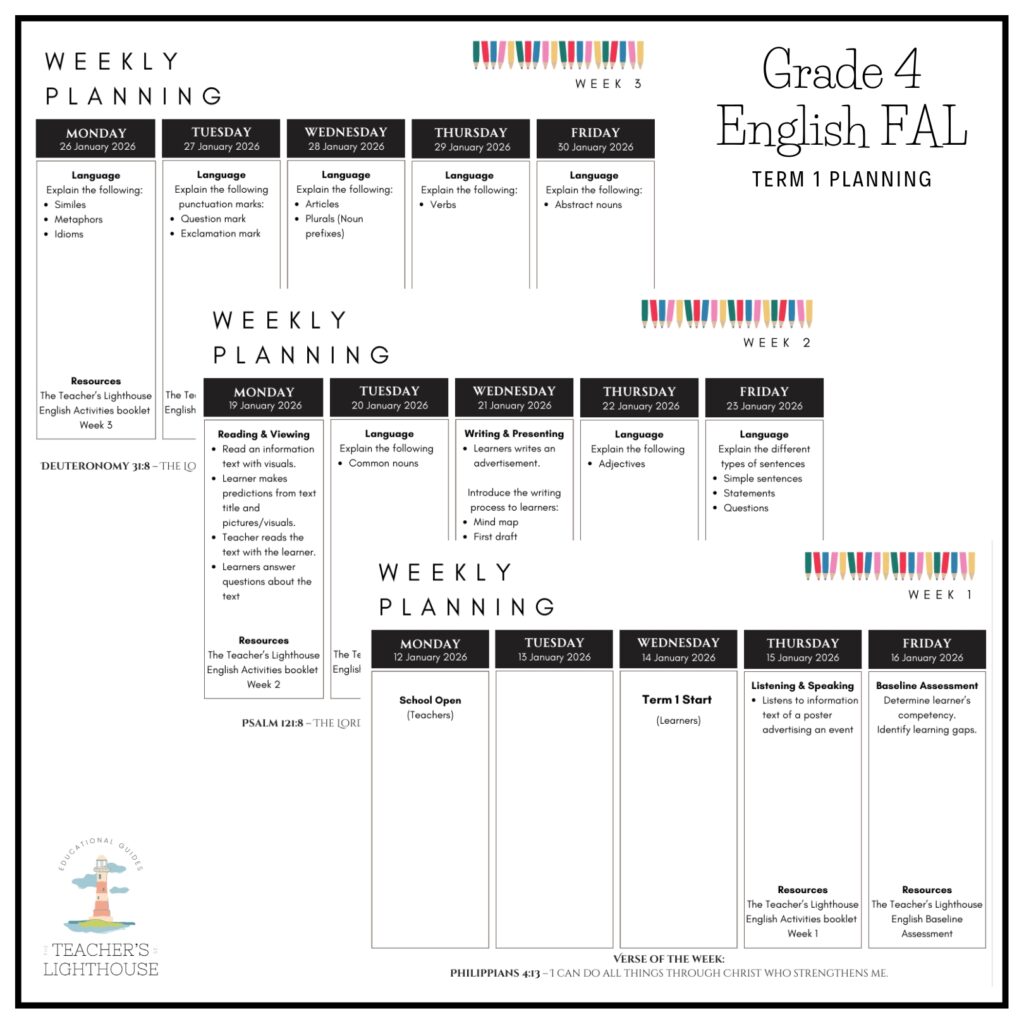 Grade 4 English FAL Term 1 2026 Planning & Activities – teacherslighthouse
